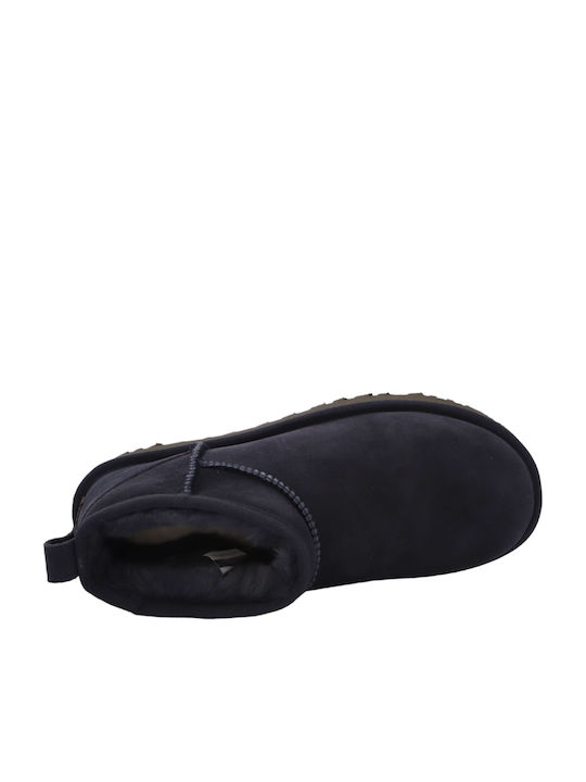 Classic Ultra Mini Leather Women's Ankle Boots with Fur Blue