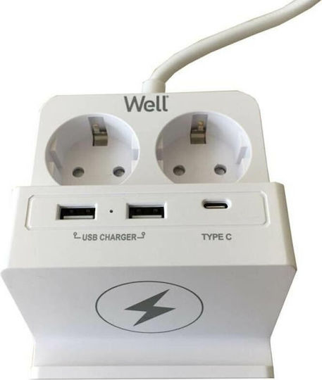 Well Bandă de alimentare 2 Prize cu 2 USB-A, 1 USB-C și Cablu 3m