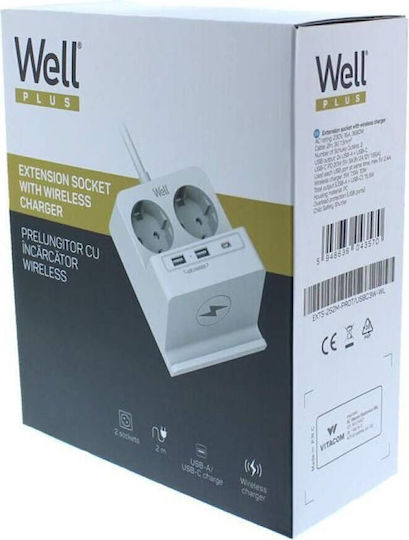 Well Bandă de alimentare 2 Prize cu 2 USB-A, 1 USB-C și Cablu 3m
