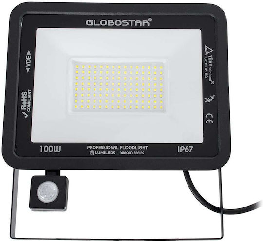 GloboStar Atlas Wasserdicht LED Flutlicht 100W Kaltweiß 6000K mit Bewegungssensor IP67