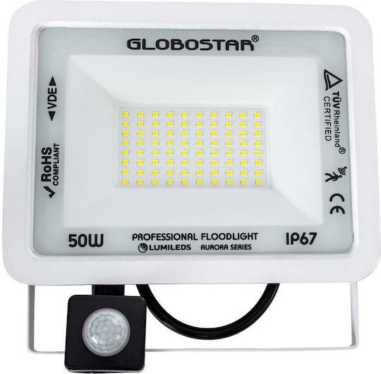 GloboStar Aurora Waterproof LED Floodlight 50W Cold White 6000K with Motion Sensor IP67