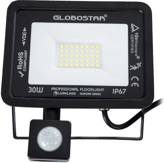 GloboStar Aurora Waterproof LED Floodlight 30W Cold White 6000K with Motion Sensor IP67
