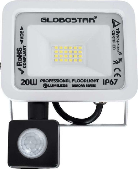 GloboStar Aurora Waterproof LED Flood Light 20W Cold White 6000K with Motion Sensor IP67