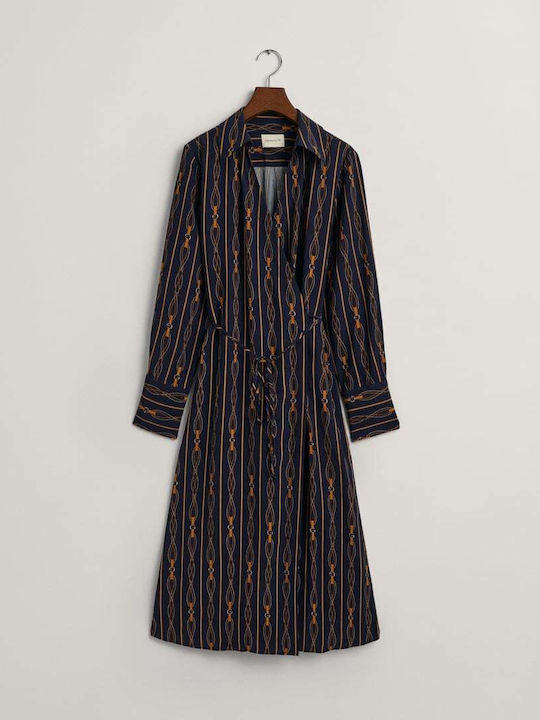Midi Shirt Dress Long Sleeve Wrap Dark Blue
