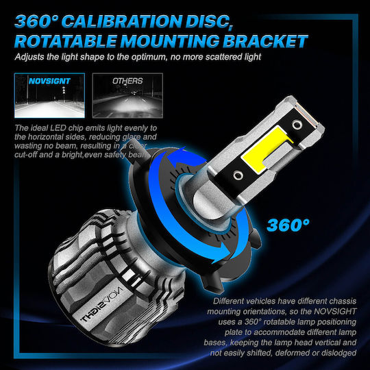 NovSight Λάμπες Αυτοκινήτου & Μοτοσυκλέτας H4 LED 6500K Ψυχρό Λευκό 12V 72W 2τμχ