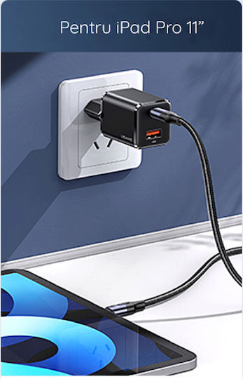 Usams Mobile Phone Charger with USB-A and USB-C Output Ports and USB-C - Lightning Cable 33W Power Delivery / Quick Charge 3.0 Black