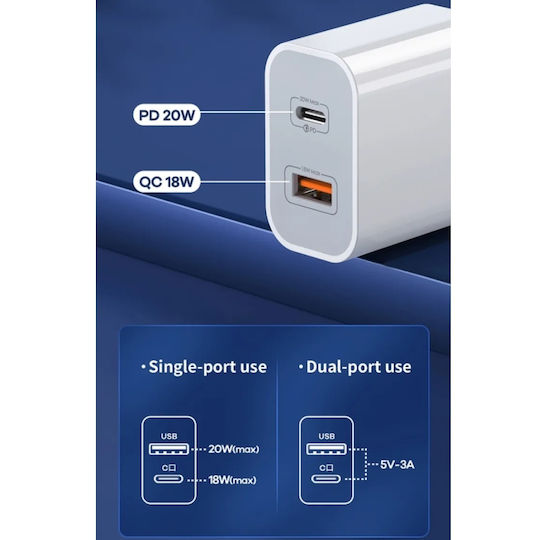 Remax Φορτιστής Χωρίς Καλώδιο με Θύρα USB-A και Θύρα USB-C 20W Power Delivery Λευκός (RP-U68)