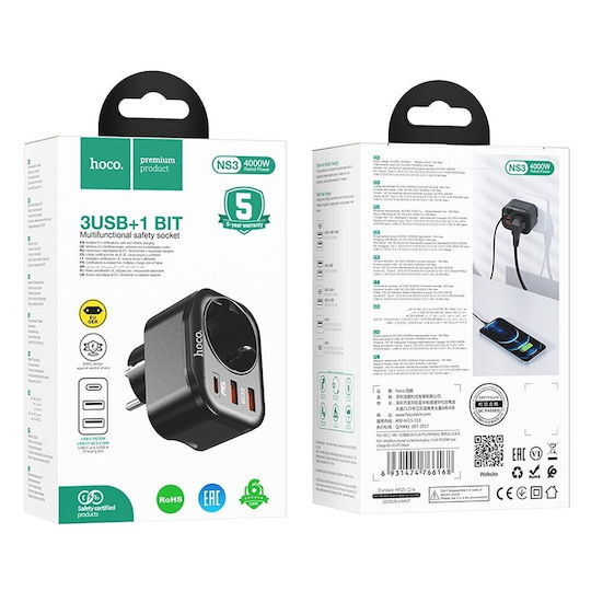 Hoco Charger Without Cable with 2 USB-A Ports and USB-C Port 20W Power Delivery / Quick Charge 3.0 Blacks (NS3)