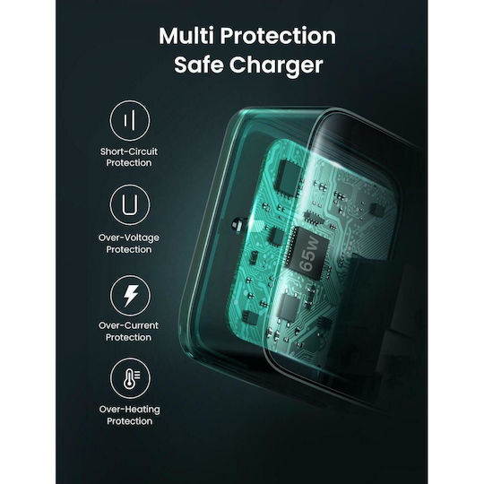 Ugreen Ladegerät ohne Kabel GaN mit USB-C Anschluss 65W Stromlieferung / Schnellaufladung 2.0 / Schnellaufladung 3.0 / Schnell-Ladung 4+ / Schnellaufladung 4.0 Schwarzs (CD217)