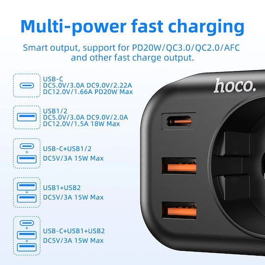 Hoco Charger Without Cable with 2 USB-A Ports and USB-C Port 20W Power Delivery / Quick Charge 3.0 Blacks (NS3)