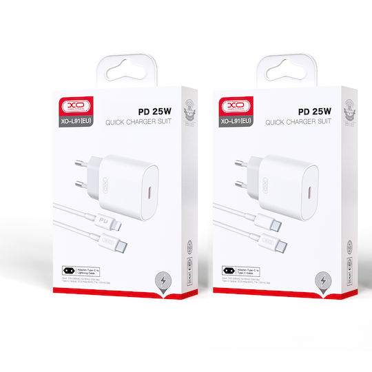 XO Φορτιστής με Θύρα USB-C και Καλώδιο USB-C - Lightning Power Delivery Λευκός (L91)