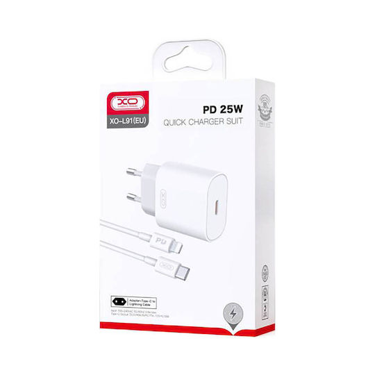 XO Φορτιστής με Θύρα USB-C και Καλώδιο USB-C - Lightning Power Delivery Λευκός (L91)