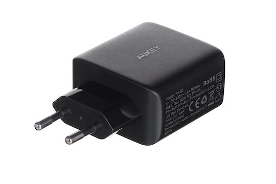 Aukey Φορτιστής Χωρίς Καλώδιο GaN με Θύρα USB-A και Θύρα USB-C 65W Power Delivery Μαύρος (PA-B3)