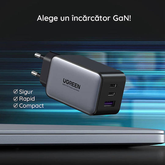Ugreen Incarcator Fara Cablu GaN cu Port USB-A si 2 Porturi USB-C 65W Alb (Nexode)
