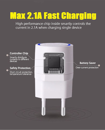 Awei Φορτιστής με 2 Θύρες USB-A και Καλώδιο micro USB Λευκός (C-900)