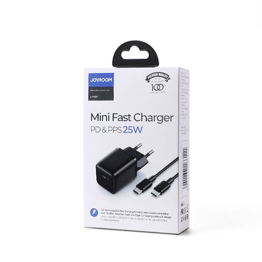Joyroom Φορτιστής με Θύρα USB-C και Καλώδιο USB-C 25W Power Delivery Μαύρος (L-P251)