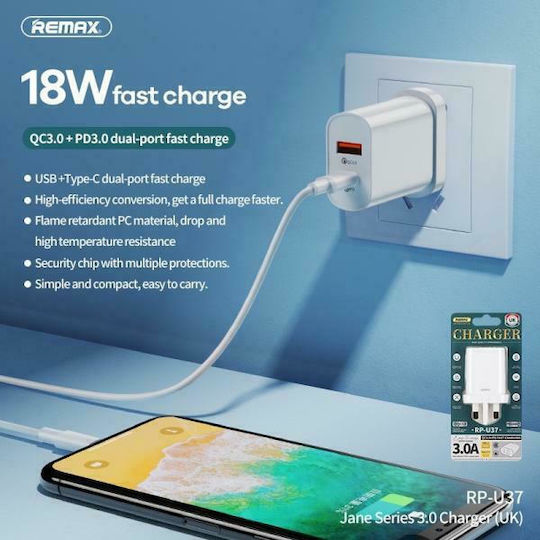 Remax Φορτιστής Χωρίς Καλώδιο με Θύρα USB-A και Θύρα USB-C 18W Quick Charge 3.0 Λευκός (RP-U37)