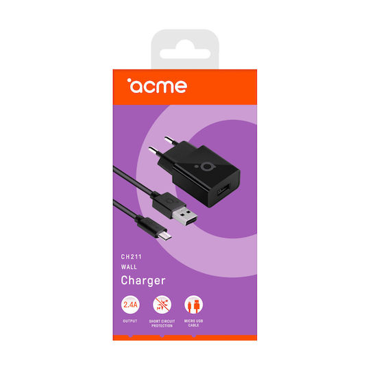 Acme Φορτιστής με Θύρα USB-A και Καλώδιο micro USB 12W Μαύρος (CH211)