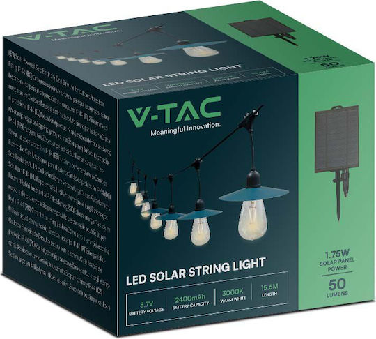V-TAC Hanging Solar Light Garland 3W 50lm with Warm White Light 3000K IP44