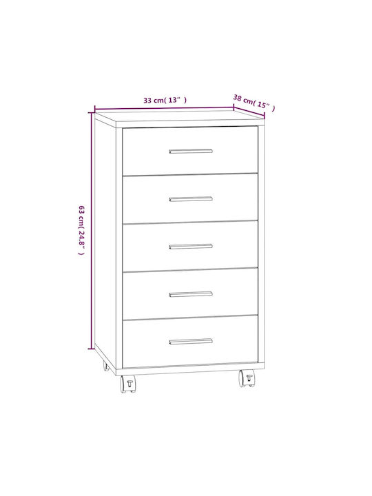 Office Storage Chipboard Drawer with Wheels & 5 Drawers Grey L33xW38xH63cm