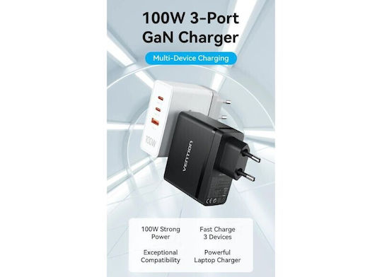 Vention Φορτιστής Χωρίς Καλώδιο GaN με Θύρα USB-A και 2 Θύρες USB-C 100W Power Delivery / Quick Charge 3.0 Μαύρος (FEGB0-EU)
