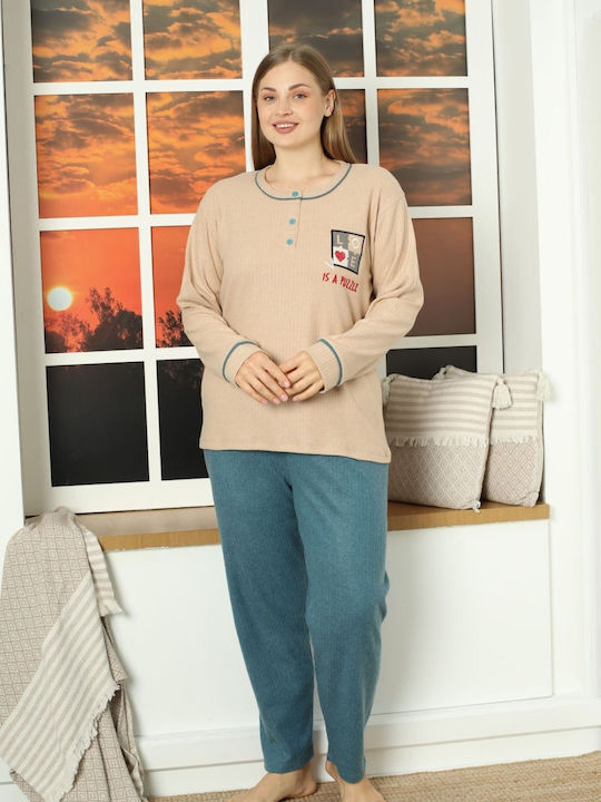 Lindros Winter Damen Pyjama-Set Baumwolle Beige