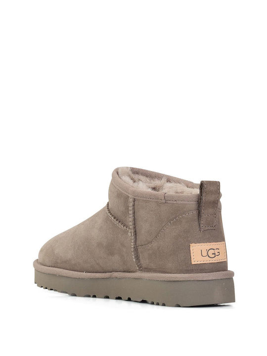 Classic Ultra Mini Leather Women's Ankle Boots with Fur Smoke Plume