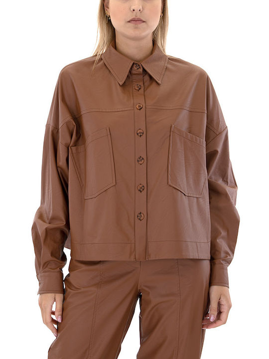 Moutaki Women's Leather Long Sleeve Shirt Brown