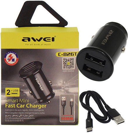 Awei C-826T Car Charger 2.4A Fast Charging with Ports 2xUSB 1xType-C including Type-C Cable Black Color
