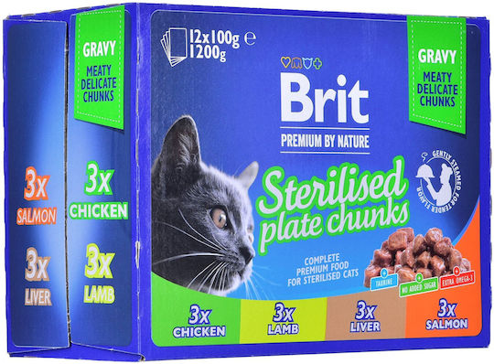 Brit Premium Sterilised Plate Chunks Wet Food for Adult Cats in Pouch with Lamb Chicken Salmon and Liver Gluten Free 12x100gr