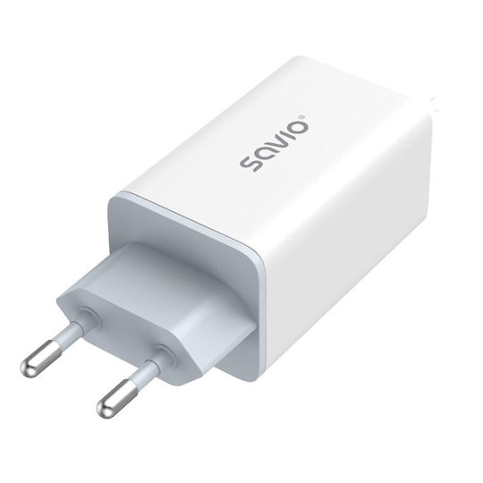 Savio GaN Wireless Charger with USB-A Port and 2 USB-C Output Ports 65W Power Delivery / Quick Charge 3.0 White