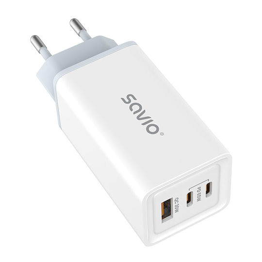 Savio GaN Wireless Charger with USB-A Port and 2 USB-C Output Ports 65W Power Delivery / Quick Charge 3.0 White