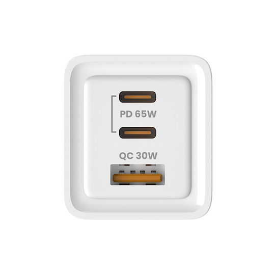 Savio GaN Wireless Charger with USB-A Port and 2 USB-C Output Ports 65W Power Delivery / Quick Charge 3.0 White