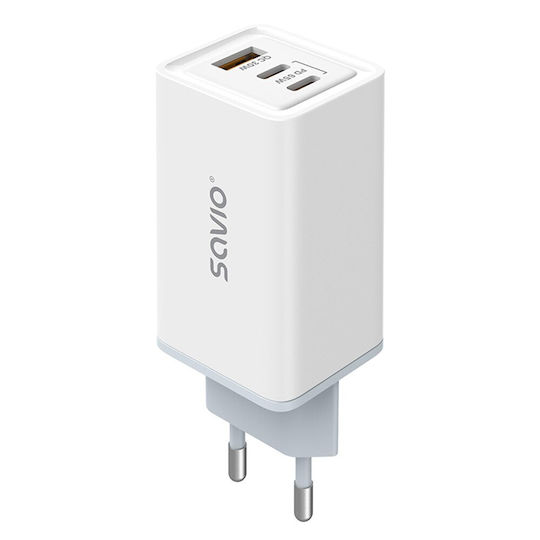 Savio GaN Wireless Charger with USB-A Port and 2 USB-C Output Ports 65W Power Delivery / Quick Charge 3.0 White
