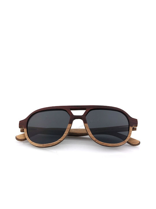 Daponte Men's Sunglasses with Brown Wooden Frame and Gray Lens DAP017W