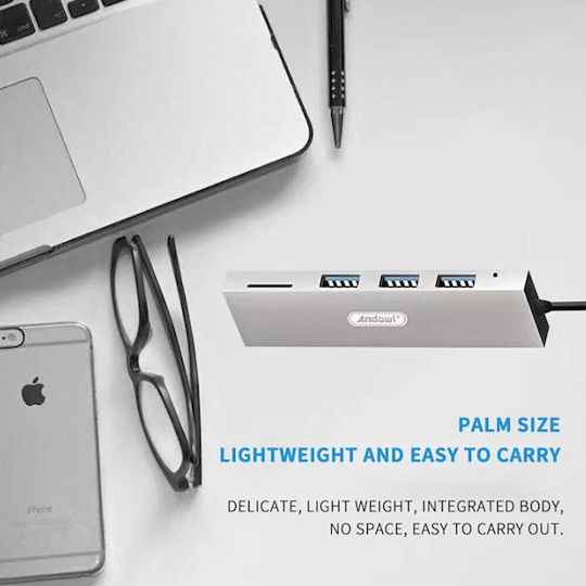 Andowl Hub 3 Θυρών USB 3.0 με σύνδεση USB-A Ασημί