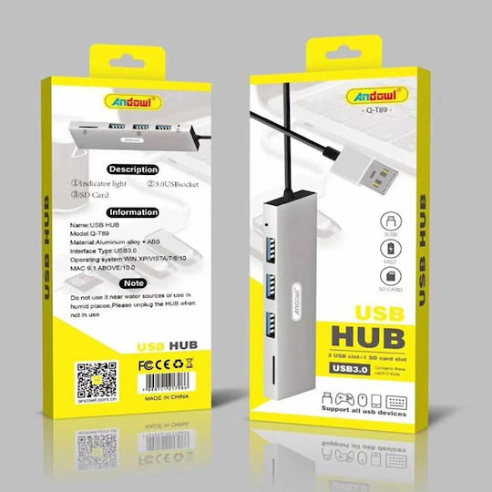 Andowl Hub 3 Θυρών USB 3.0 με σύνδεση USB-A Ασημί