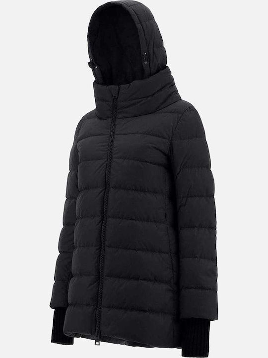 Women's Long Puffer Jacket Waterproof for Winter with Hood Black
