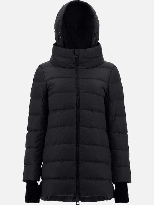 Women's Long Puffer Jacket Waterproof for Winter with Hood Black