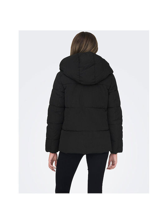 Only Women's Short Puffer Jacket for Spring or Autumn with Hood Black