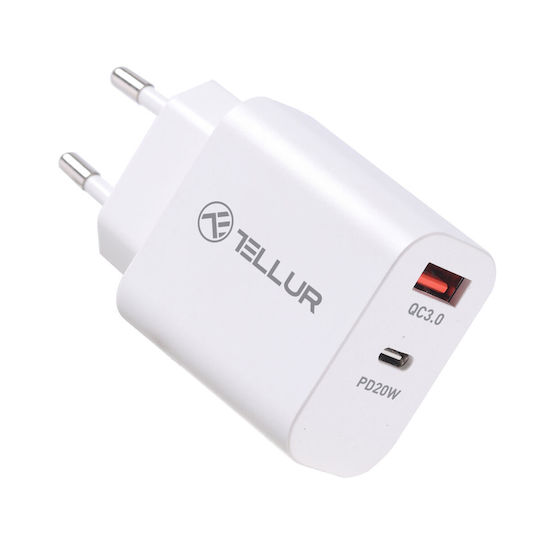 Tellur Φορτιστής Χωρίς Καλώδιο με Θύρα USB-A και Θύρα USB-C 38W Power Delivery / Quick Charge 3.0 Λευκός (TLL151381)