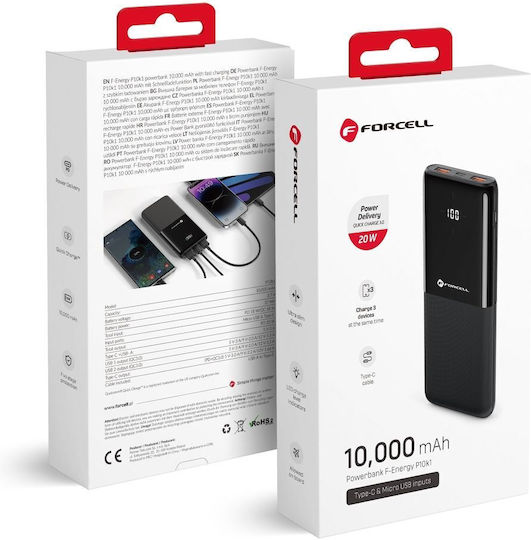 Forcell F-Energy P10k1 Power Bank 10000mAh 20W με 2 Θύρες USB-A και Θύρα USB-C Power Delivery / Quick Charge 3.0 Μαύρο