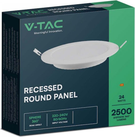 V-TAC Στρογγυλό Χωνευτό LED Panel 24W με Φυσικό Λευκό Φως 4000K 30εκ.