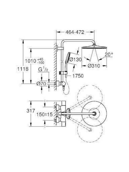 Grohe Rainshower Ρυθμιζόμενη Στήλη Ντουζ με Μπαταρία Μαύρη
