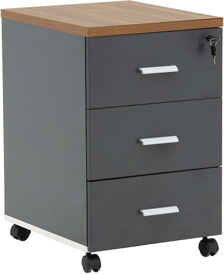 Oscar Wooden Office Drawer with Wheels and Lock Walnut-Anthracite 40x48x63cm