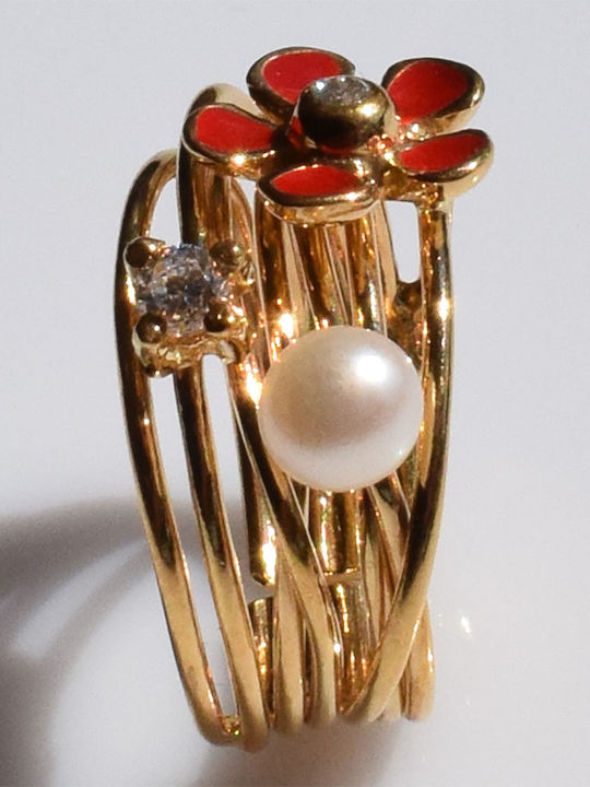 Bizoutaki Ring with Pearls, Zircon & Enamel made of Silver Gold Plated Bizoutaki Ring with Pearls, Zircon & Enamel made of Silver Gold Plated