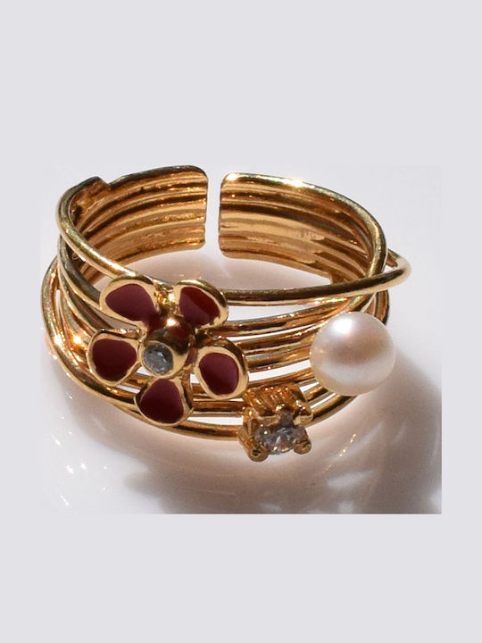 Bizoutaki Ring with Pearls, Zircon & Enamel made of Silver Gold Plated