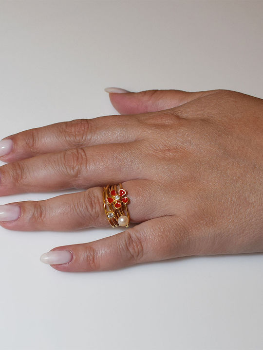Bizoutaki Ring with Pearls, Zircon & Enamel made of Silver Gold Plated