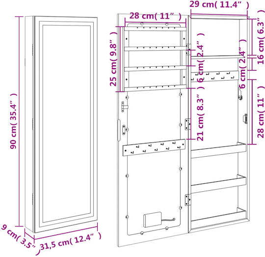 vidaXL Wandspiegel mit Braun Hölzernes Rahmen & LED Beleuchtung 90x31.5cm 1Stück