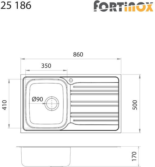Fortinox Valley 25186 Ένθετος Νεροχύτης Inox Σατινέ Μ86xΠ50cm Ασημί